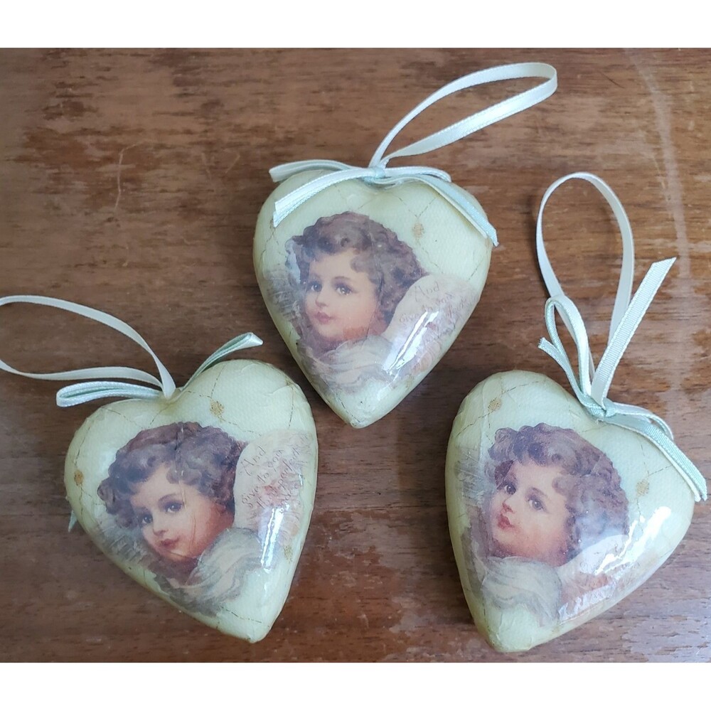 Midwest Christmas Ornaments 3 Angel Cherubs Hearts Decoupage Victorian Look VTG